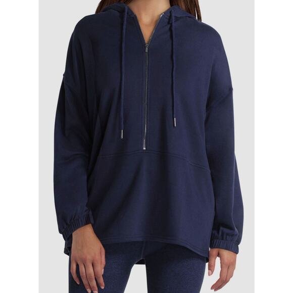 Halston Studio Zip Front Long Sleeve Drawstring Hoodie Sz Large in Navy Blue NWT - Picture 1 of 6